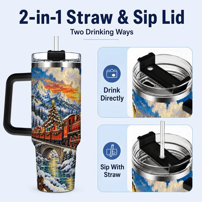 #pl[40oz|Black] Christmas Railway 40oz Tumbler with Handle, Winter Mountain Art