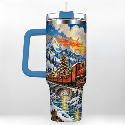 #pl[40oz|Blue] Christmas Railway 40oz Tumbler with Handle, Winter Mountain Art