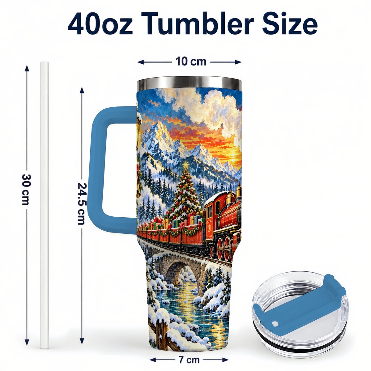 #pl[40oz|Blue] Christmas Railway 40oz Tumbler with Handle, Winter Mountain Art