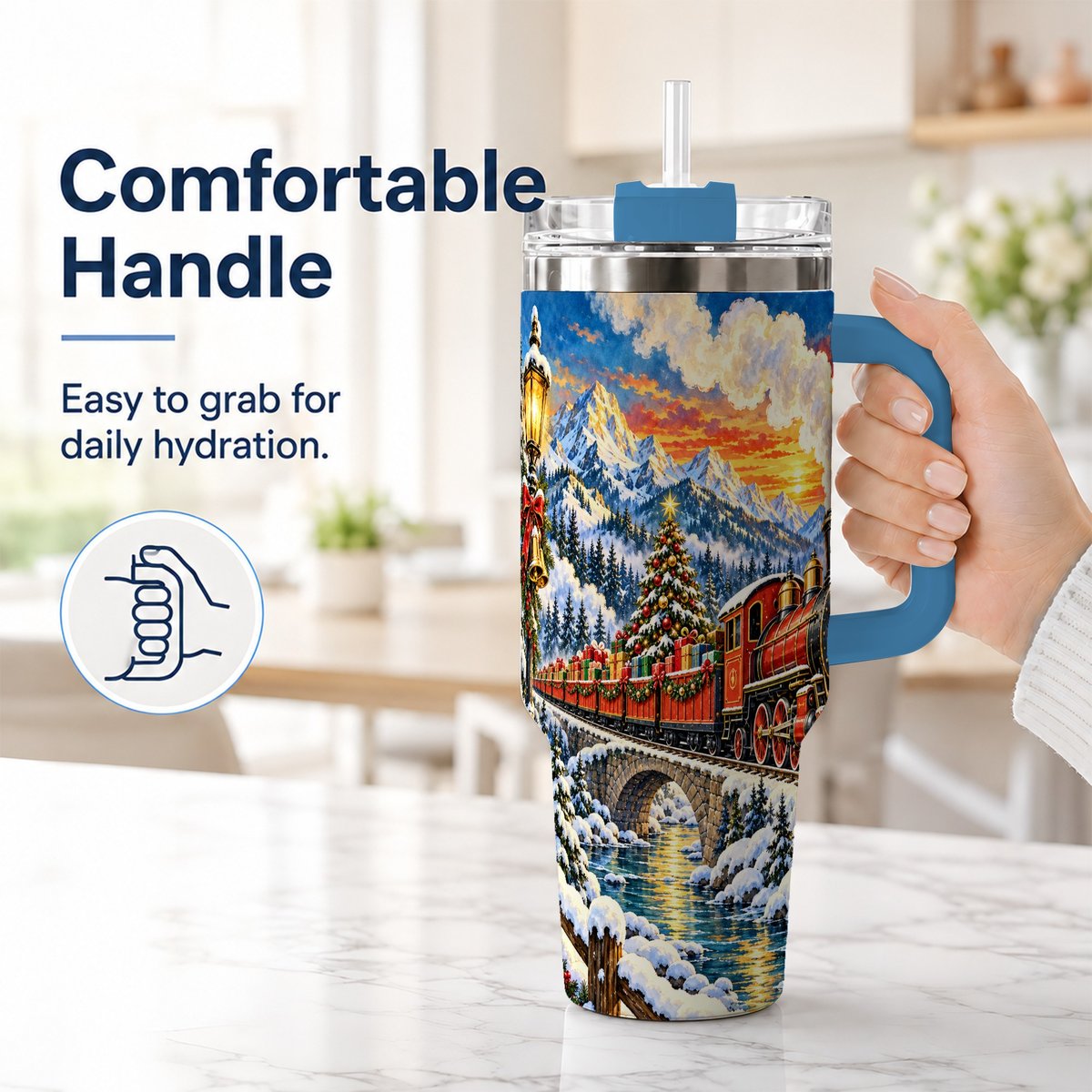 #pl[40oz|Blue] Christmas Railway 40oz Tumbler with Handle, Winter Mountain Art