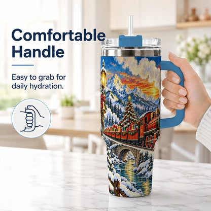 #pl[40oz|Blue] Christmas Railway 40oz Tumbler with Handle, Winter Mountain Art