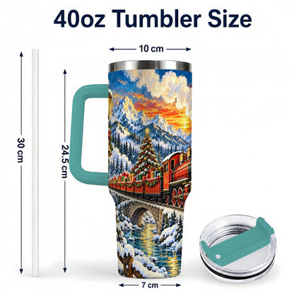 #pl[40oz|Green] Christmas Railway 40oz Tumbler with Handle, Winter Mountain Art