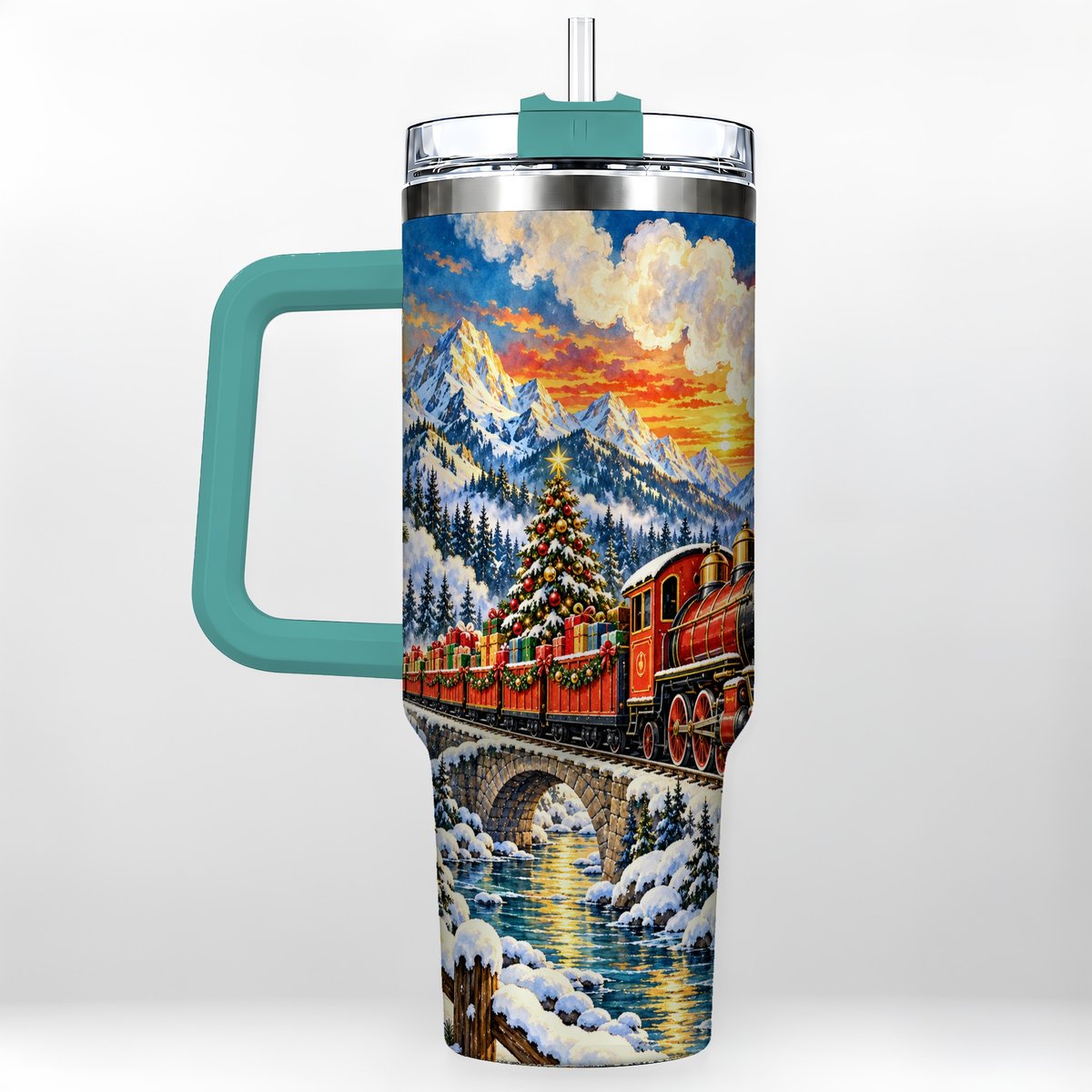 #pl[40oz|Green] Christmas Railway 40oz Tumbler with Handle, Winter Mountain Art