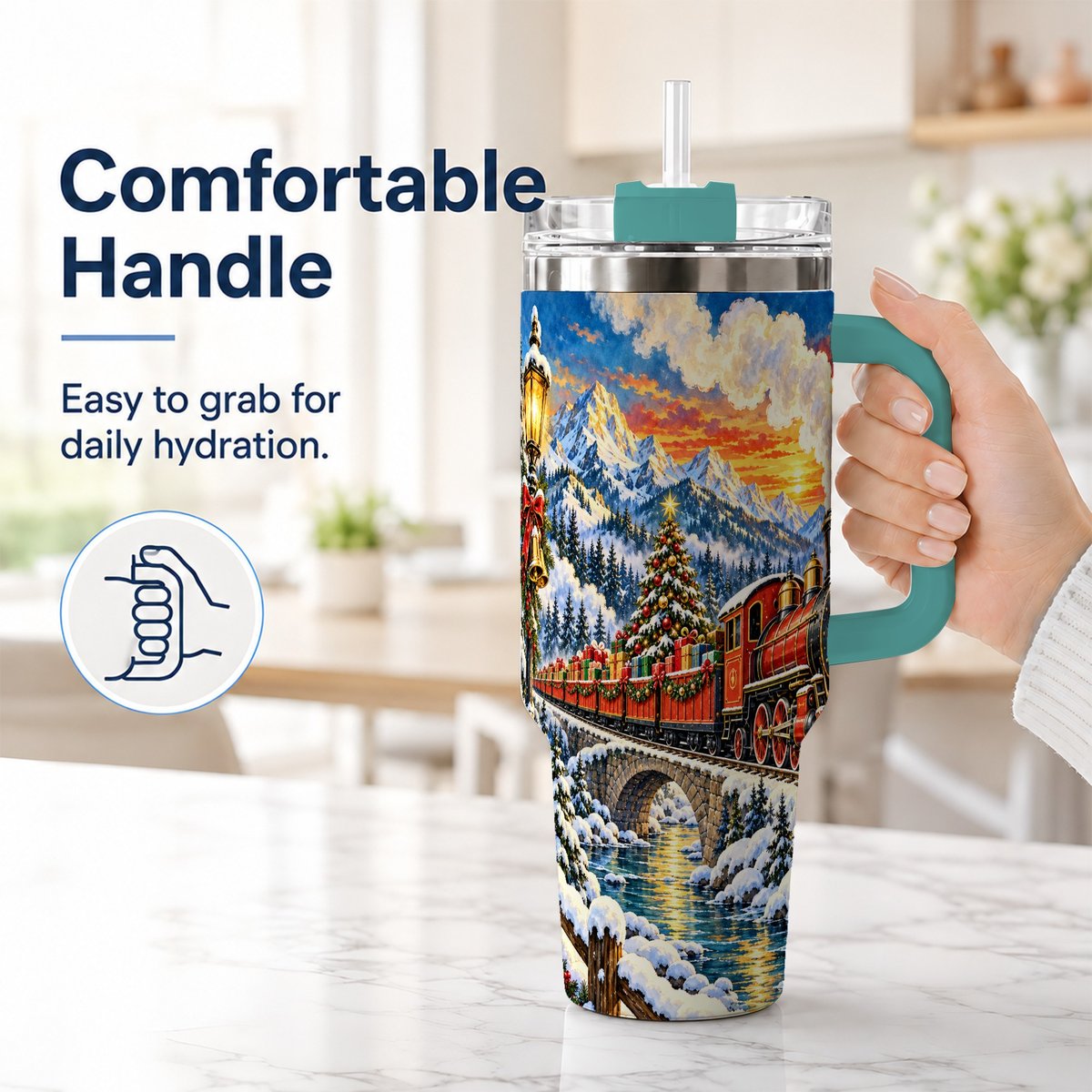 #pl[40oz|Green] Christmas Railway 40oz Tumbler with Handle, Winter Mountain Art
