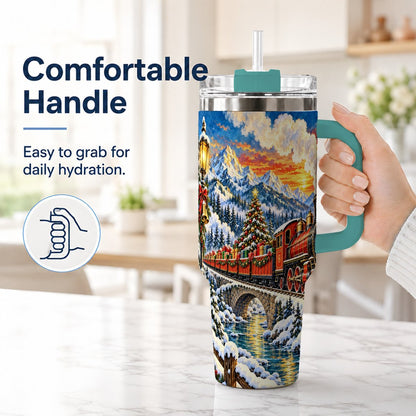 #pl[40oz|Green] Christmas Railway 40oz Tumbler with Handle, Winter Mountain Art