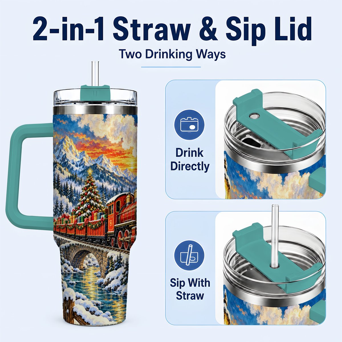 #pl[40oz|Green] Christmas Railway 40oz Tumbler with Handle, Winter Mountain Art