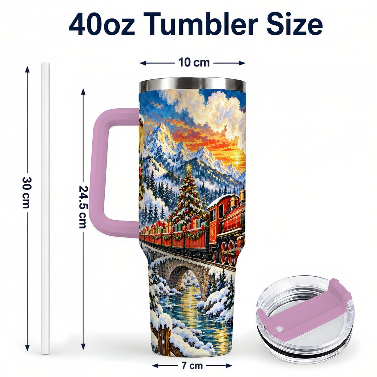 #pl[40oz|Pink] Christmas Railway 40oz Tumbler with Handle, Winter Mountain Art