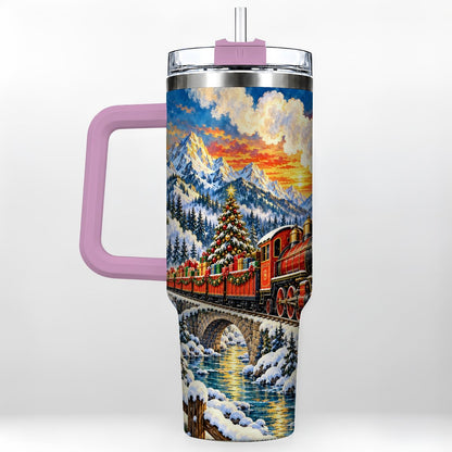 #pl[40oz|Pink] Christmas Railway 40oz Tumbler with Handle, Winter Mountain Art