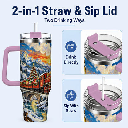 #pl[40oz|Pink] Christmas Railway 40oz Tumbler with Handle, Winter Mountain Art