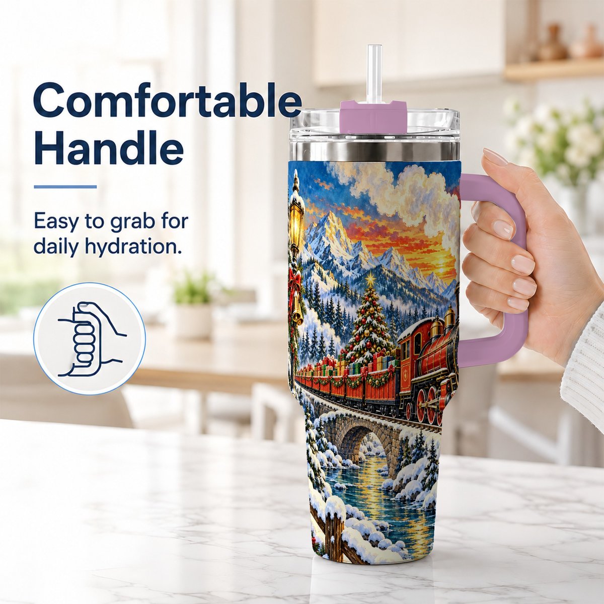 #pl[40oz|Pink] Christmas Railway 40oz Tumbler with Handle, Winter Mountain Art