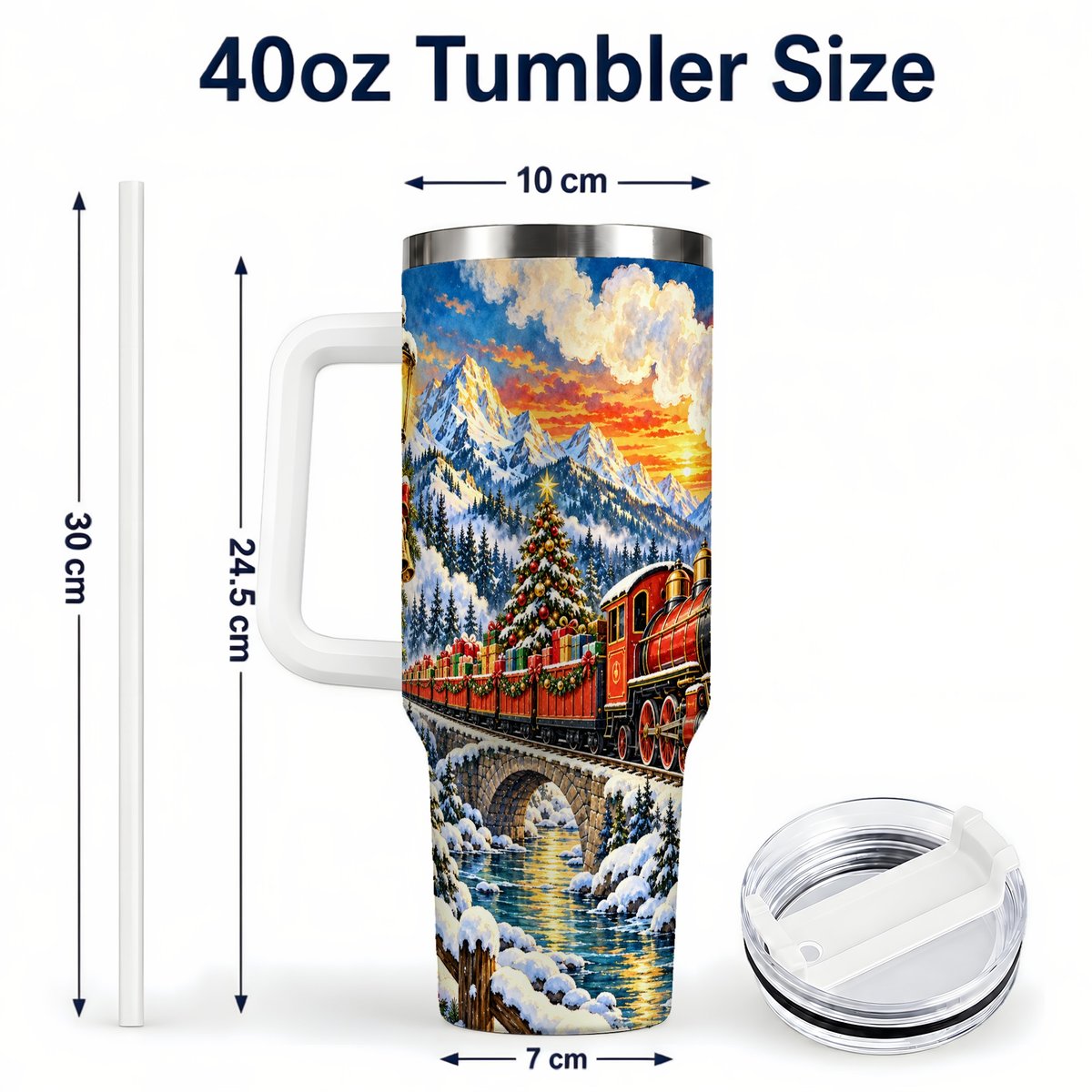 #pl[40oz|White] Christmas Railway 40oz Tumbler with Handle, Winter Mountain Art