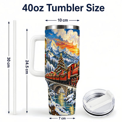 #pl[40oz|White] Christmas Railway 40oz Tumbler with Handle, Winter Mountain Art