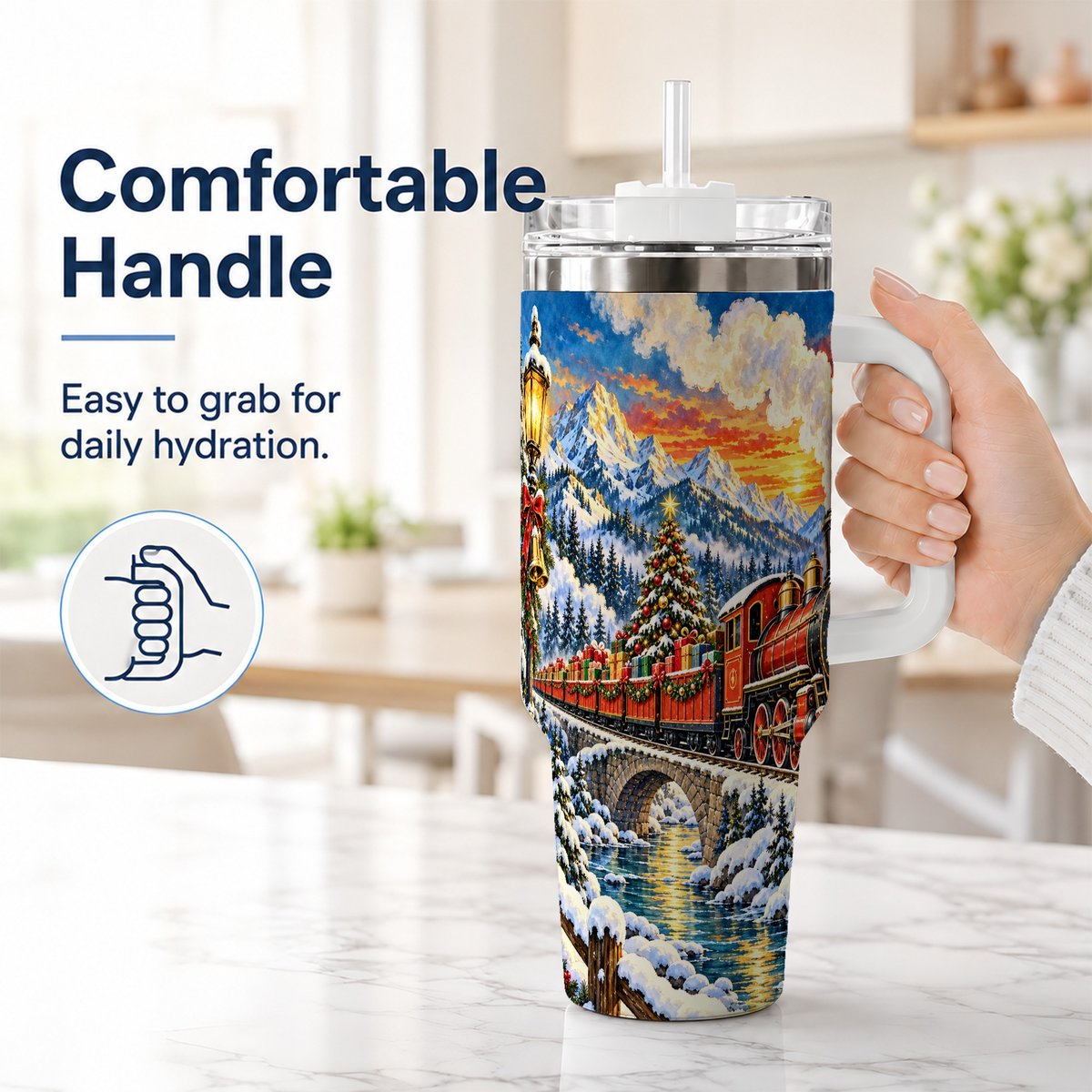 #pl[40oz|White] Christmas Railway 40oz Tumbler with Handle, Winter Mountain Art
