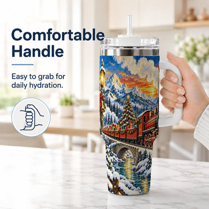 #pl[40oz|White] Christmas Railway 40oz Tumbler with Handle, Winter Mountain Art
