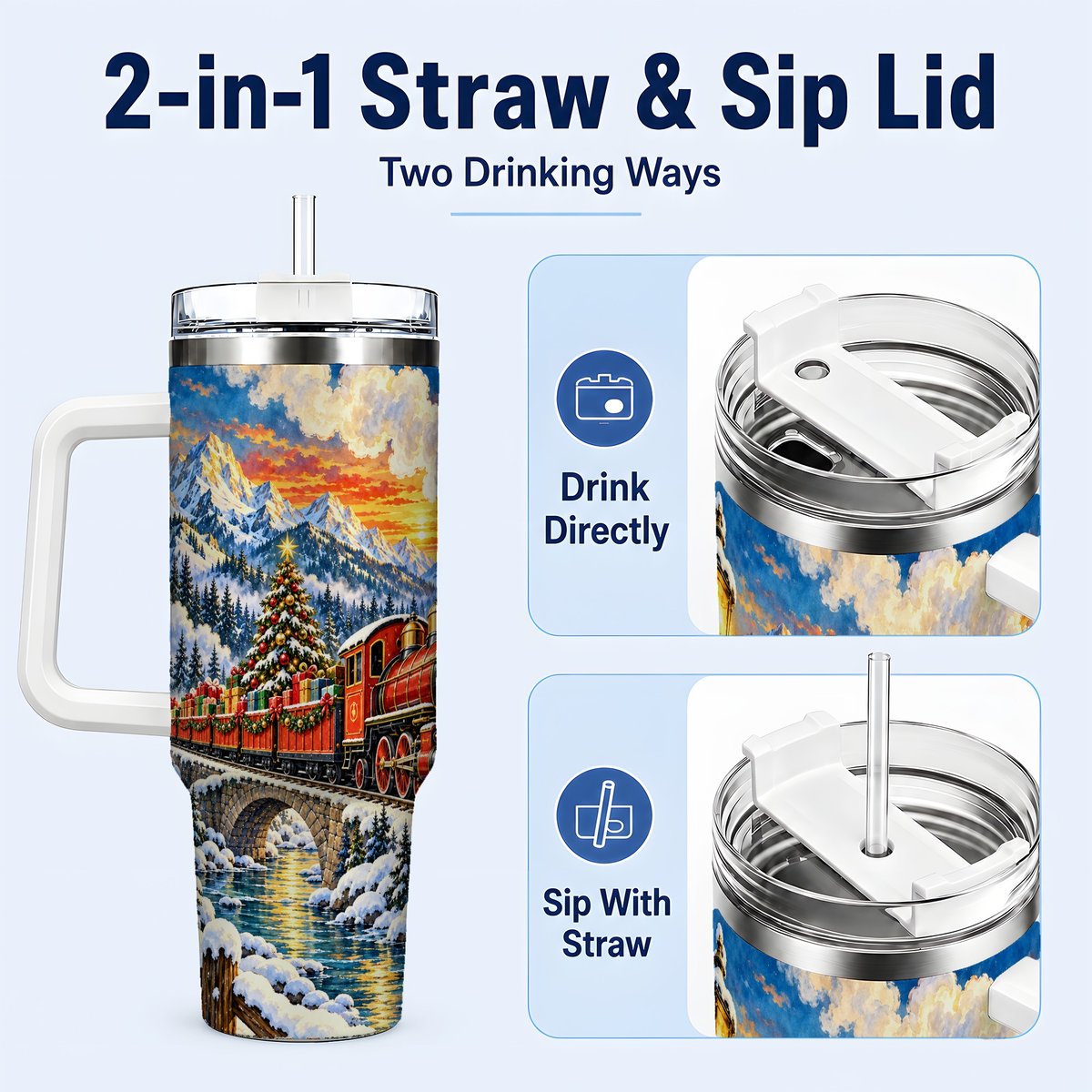#pl[40oz|White] Christmas Railway 40oz Tumbler with Handle, Winter Mountain Art