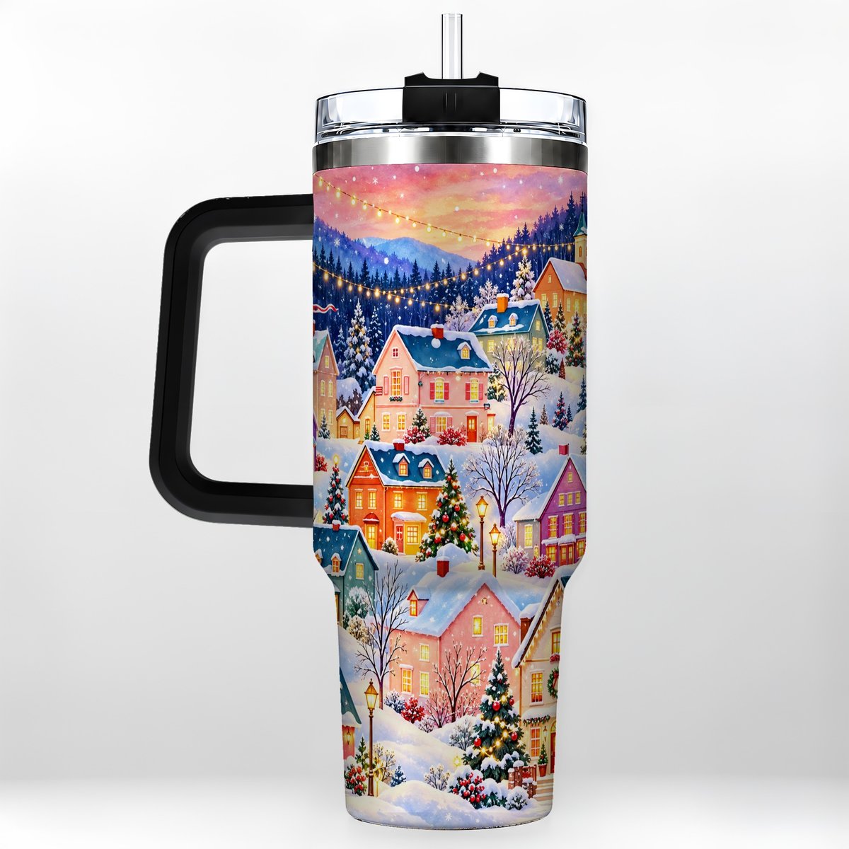 #pl[40oz|Black] Christmas Village 40oz Tumbler with Handle, Colorful Winter Art