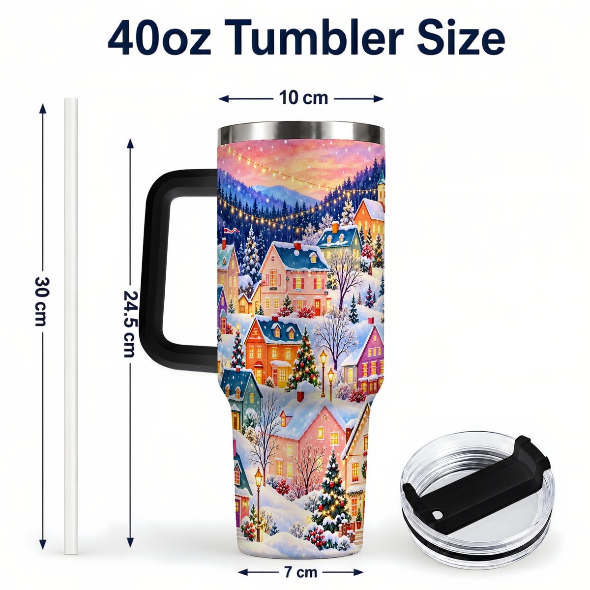 #pl[40oz|Black] Christmas Village 40oz Tumbler with Handle, Colorful Winter Art