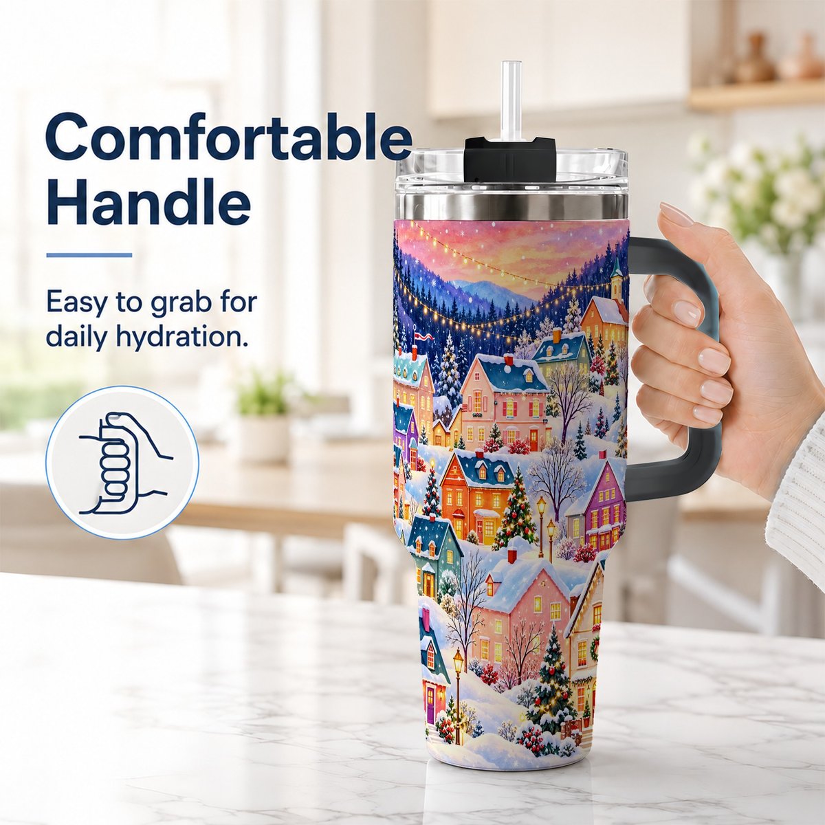 #pl[40oz|Black] Christmas Village 40oz Tumbler with Handle, Colorful Winter Art