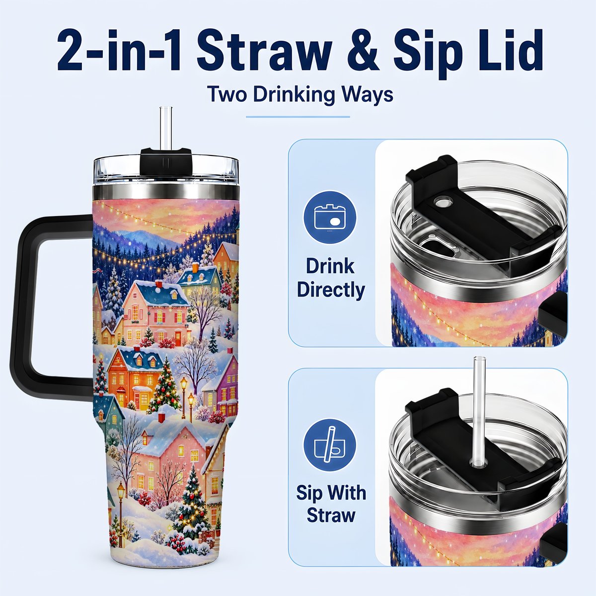 #pl[40oz|Black] Christmas Village 40oz Tumbler with Handle, Colorful Winter Art