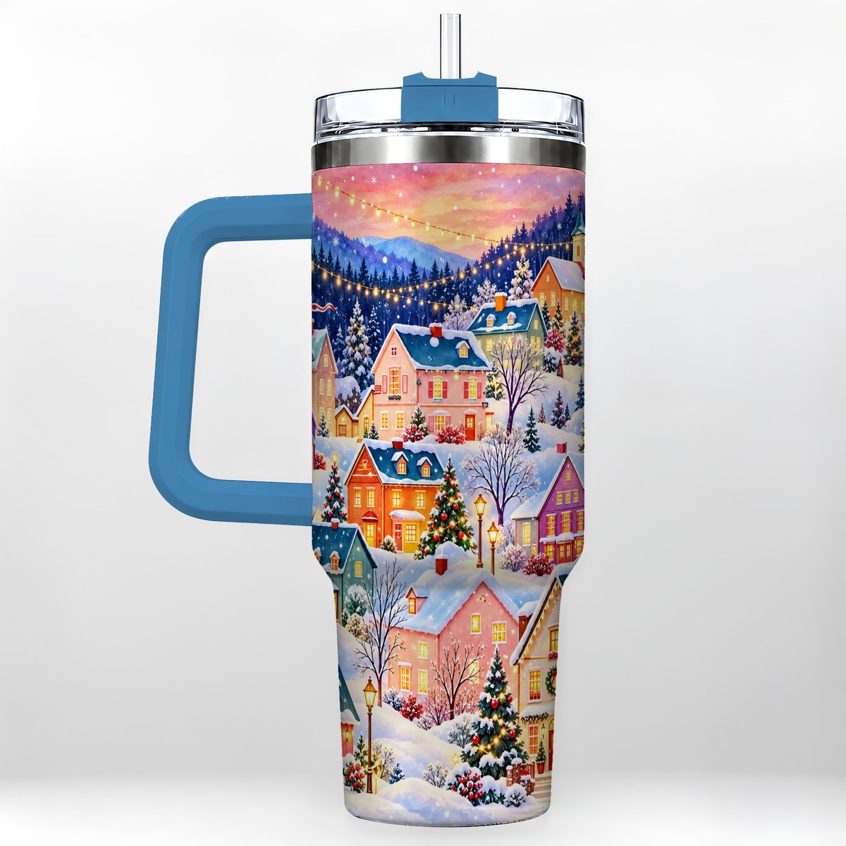 #pl[40oz|Blue] Christmas Village 40oz Tumbler with Handle, Colorful Winter Art