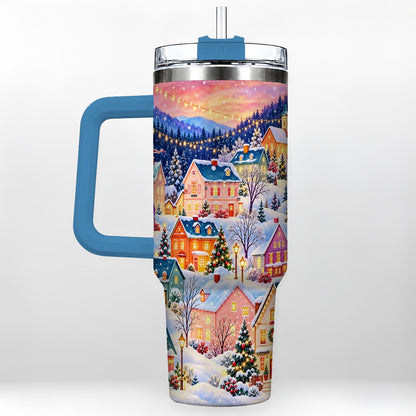 #pl[40oz|Blue] Christmas Village 40oz Tumbler with Handle, Colorful Winter Art