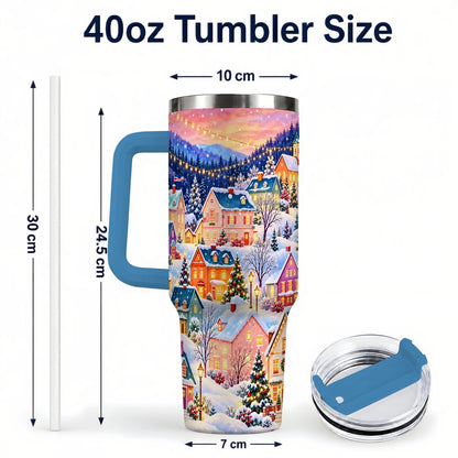 #pl[40oz|Blue] Christmas Village 40oz Tumbler with Handle, Colorful Winter Art