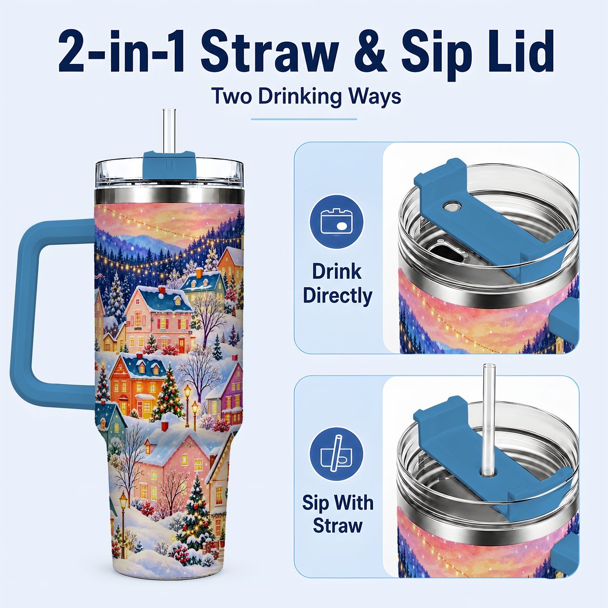 #pl[40oz|Blue] Christmas Village 40oz Tumbler with Handle, Colorful Winter Art