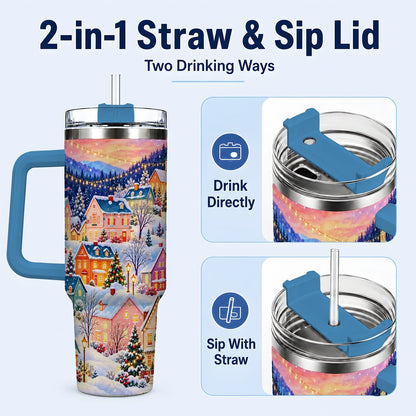 #pl[40oz|Blue] Christmas Village 40oz Tumbler with Handle, Colorful Winter Art