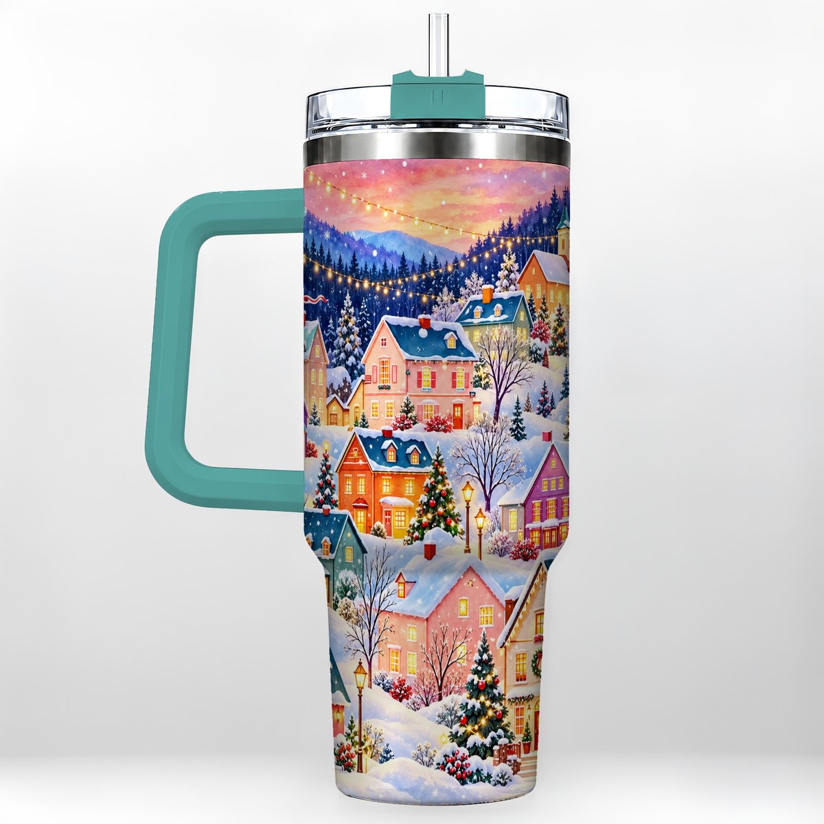 #pl[40oz|Green] Christmas Village 40oz Tumbler with Handle, Colorful Winter Art