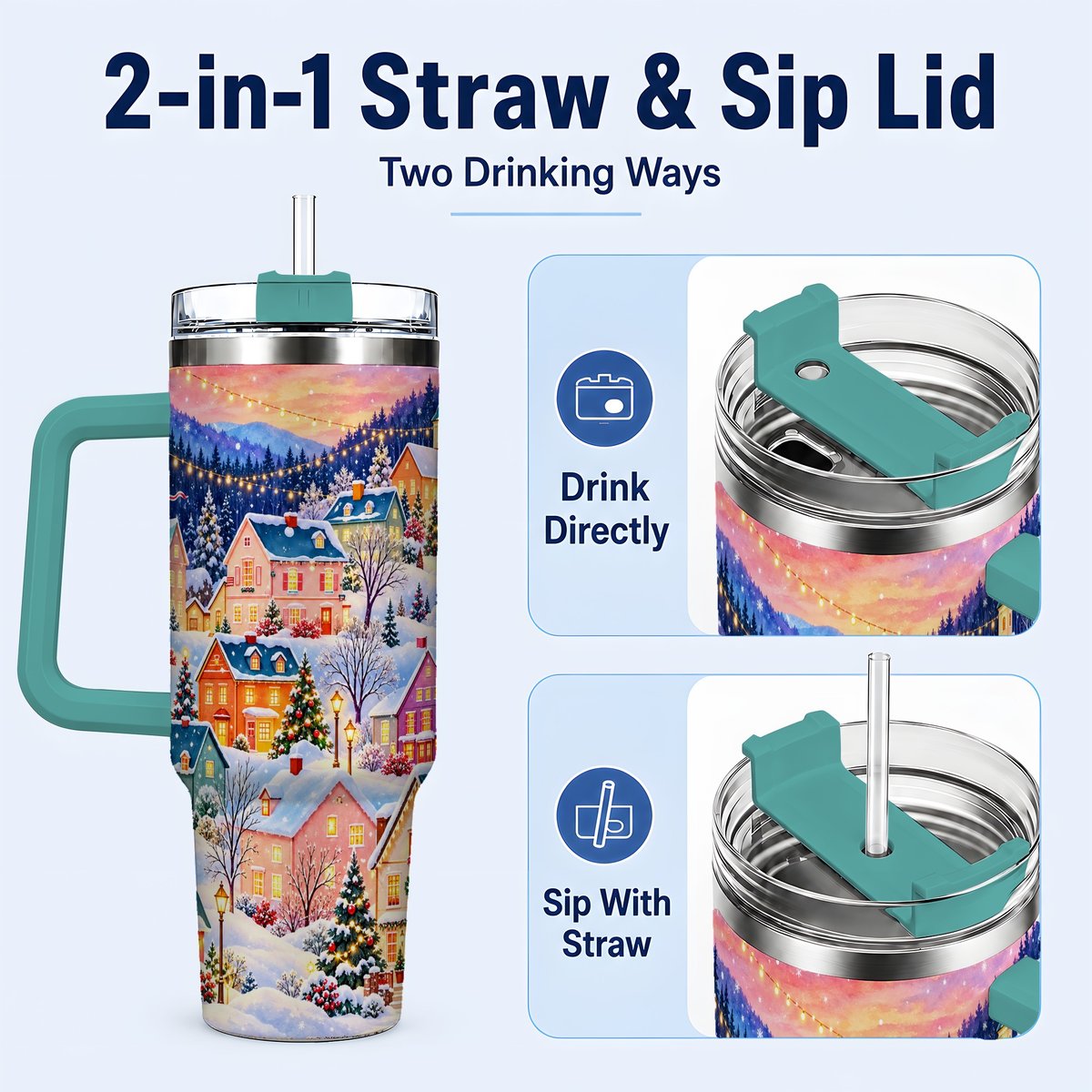 #pl[40oz|Green] Christmas Village 40oz Tumbler with Handle, Colorful Winter Art