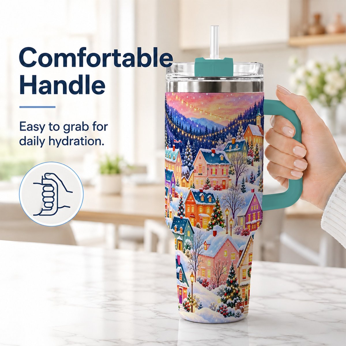 #pl[40oz|Green] Christmas Village 40oz Tumbler with Handle, Colorful Winter Art