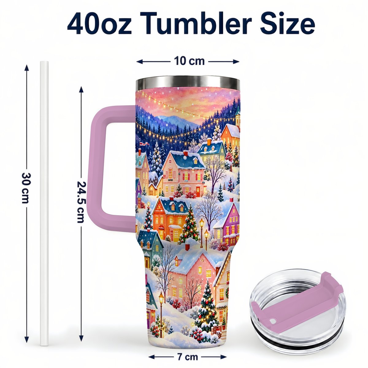 #pl[40oz|Pink] Christmas Village 40oz Tumbler with Handle, Colorful Winter Art