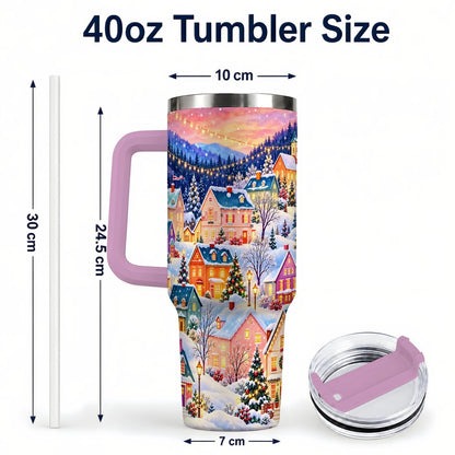 #pl[40oz|Pink] Christmas Village 40oz Tumbler with Handle, Colorful Winter Art