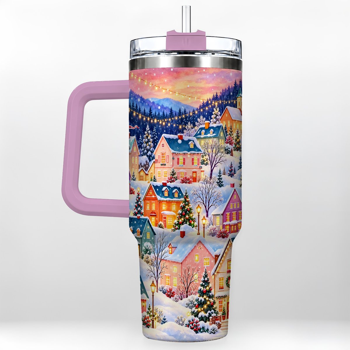 #pl[40oz|Pink] Christmas Village 40oz Tumbler with Handle, Colorful Winter Art