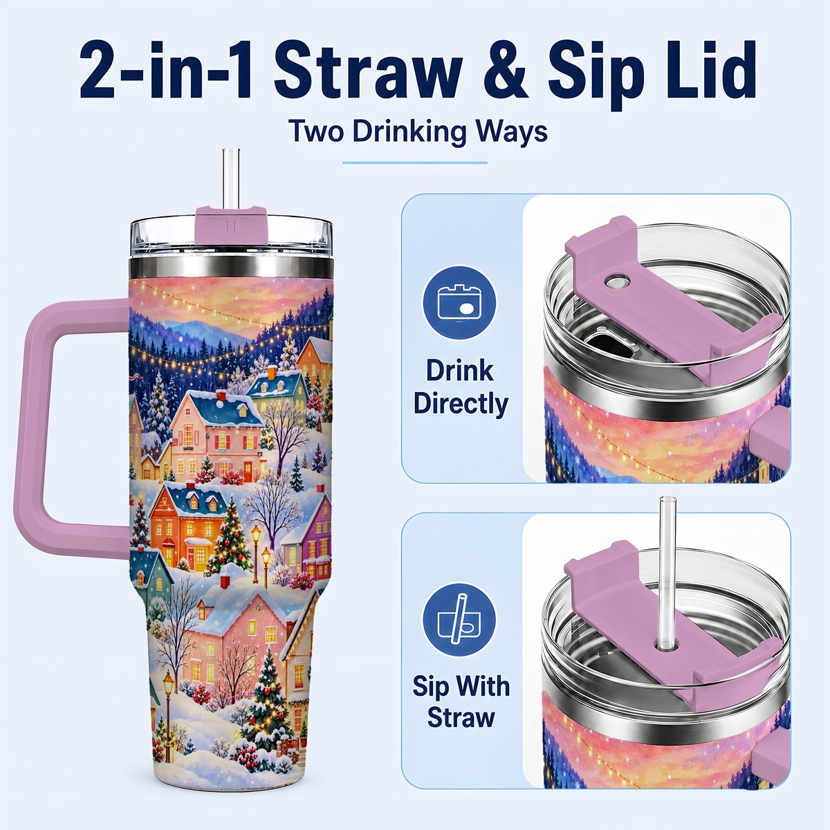 #pl[40oz|Pink] Christmas Village 40oz Tumbler with Handle, Colorful Winter Art