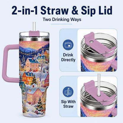 #pl[40oz|Pink] Christmas Village 40oz Tumbler with Handle, Colorful Winter Art