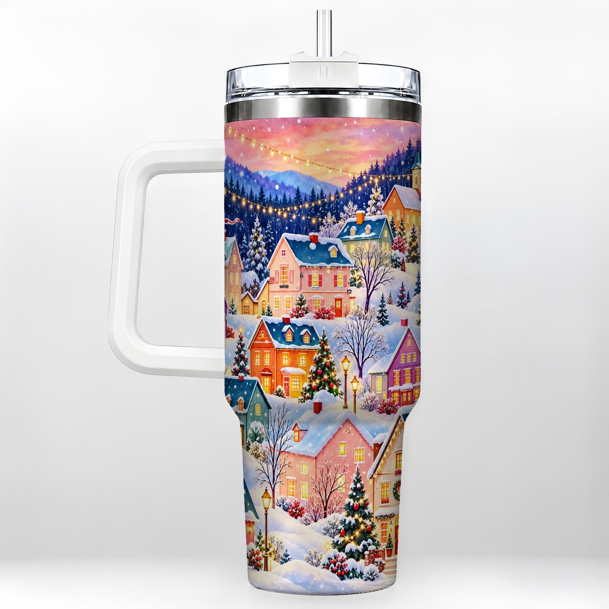 Christmas Village 40oz Tumbler with Handle, Colorful Winter Art