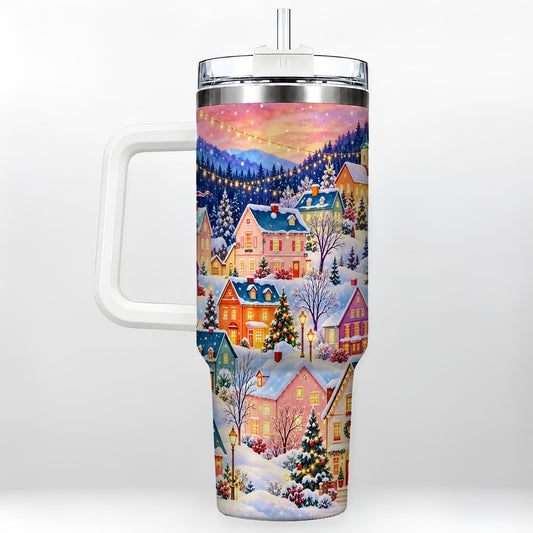 Christmas Village 40oz Tumbler with Handle, Colorful Winter Art