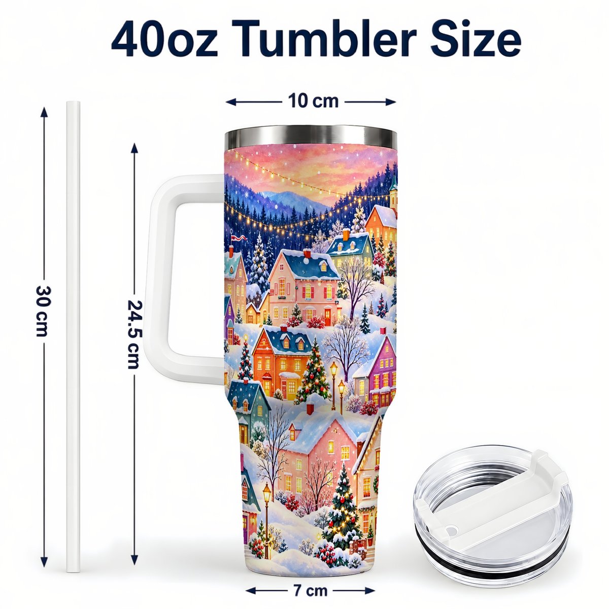 #pl[40oz|White] Christmas Village 40oz Tumbler with Handle, Colorful Winter Art