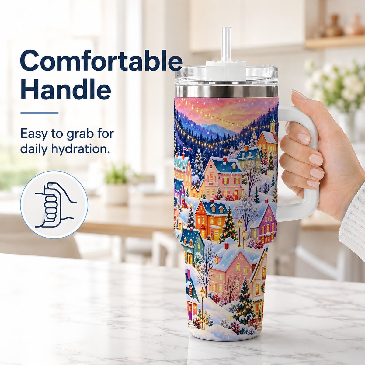 #pl[40oz|White] Christmas Village 40oz Tumbler with Handle, Colorful Winter Art