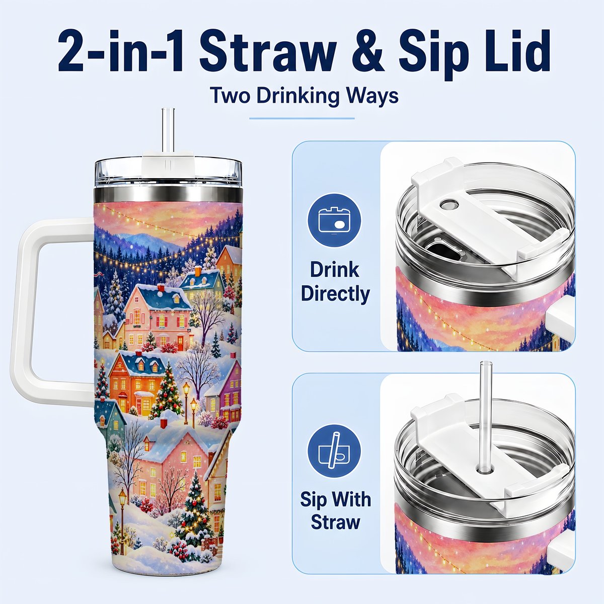 #pl[40oz|White] Christmas Village 40oz Tumbler with Handle, Colorful Winter Art