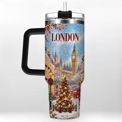 #pl[40oz|Black] London Christmas 40oz Tumbler with Handle, Winter City Scene