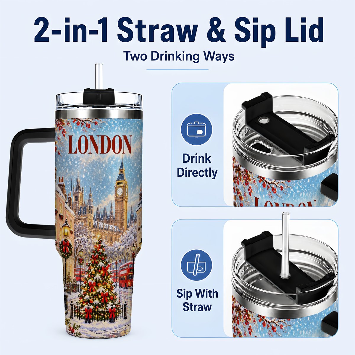 #pl[40oz|Black] London Christmas 40oz Tumbler with Handle, Winter City Scene