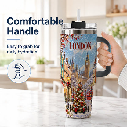 #pl[40oz|Black] London Christmas 40oz Tumbler with Handle, Winter City Scene