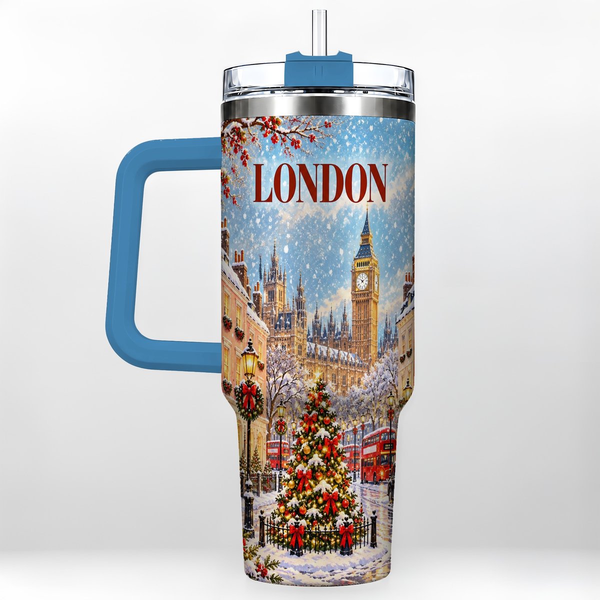 #pl[40oz|Blue] London Christmas 40oz Tumbler with Handle, Winter City Scene