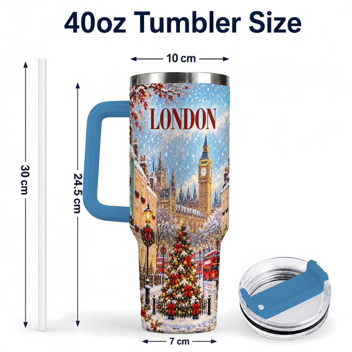 #pl[40oz|Blue] London Christmas 40oz Tumbler with Handle, Winter City Scene