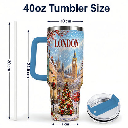 #pl[40oz|Blue] London Christmas 40oz Tumbler with Handle, Winter City Scene
