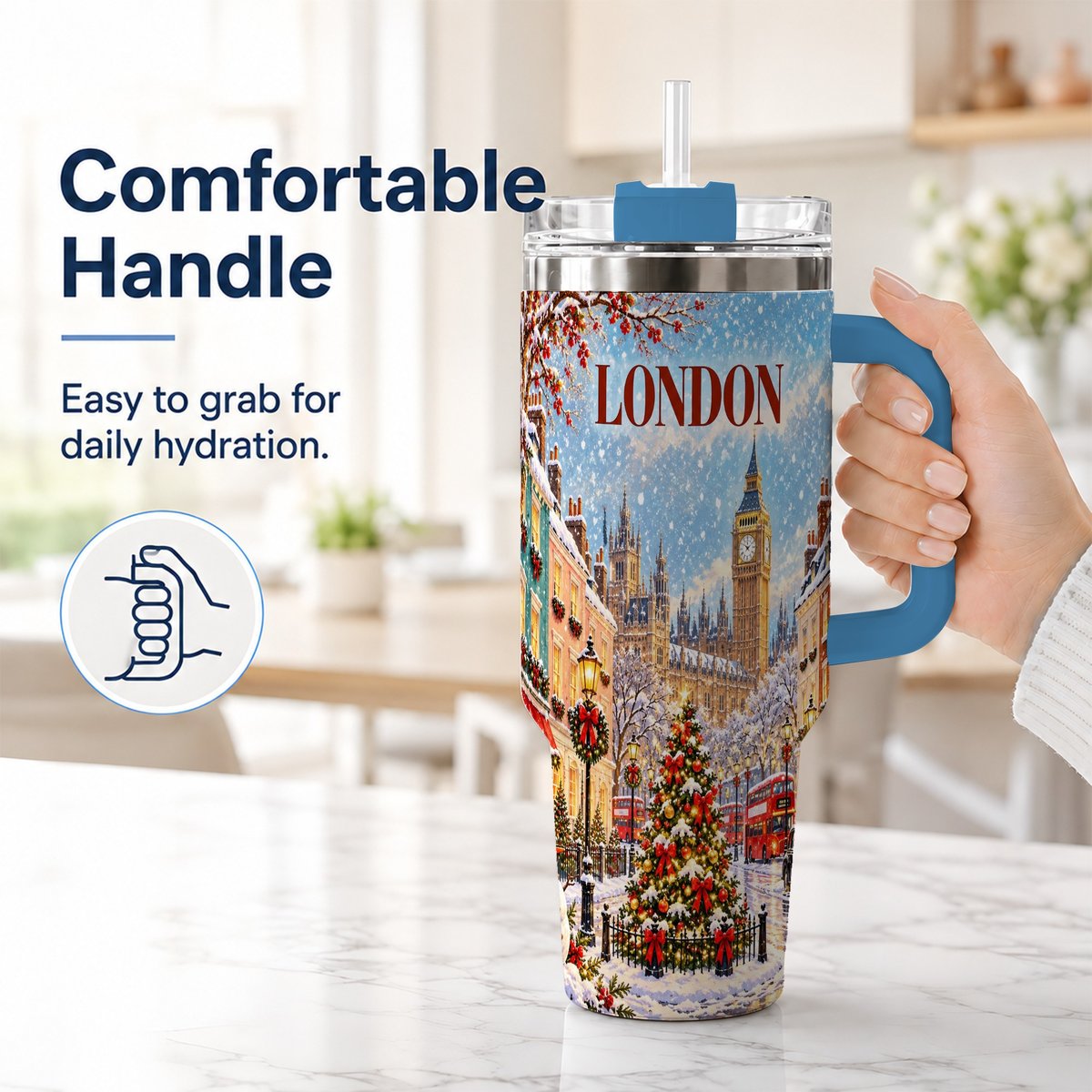 #pl[40oz|Blue] London Christmas 40oz Tumbler with Handle, Winter City Scene