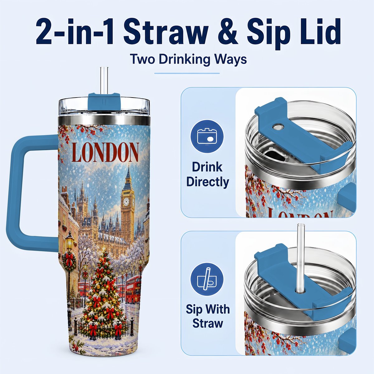#pl[40oz|Blue] London Christmas 40oz Tumbler with Handle, Winter City Scene