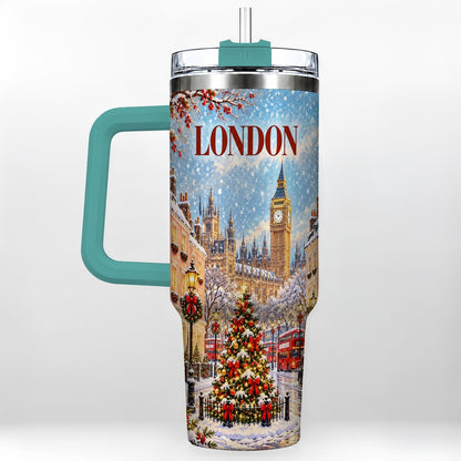#pl[40oz|Green] London Christmas 40oz Tumbler with Handle, Winter City Scene